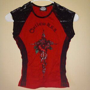 OUTLAW U.S.A. Black-laced Red Tank top with Rose Women's S